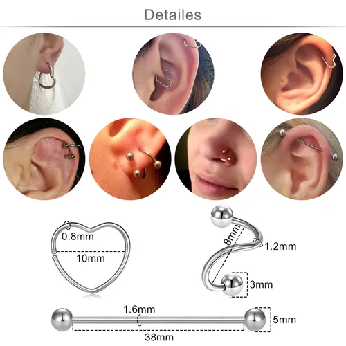 Miniatura 4 de JIESIBAO Juego de 66-113 piercings mixtos para todos los piercings de acero inoxidable 14G 16G 18G 20G nariz tabique cartílago tragus, aretes