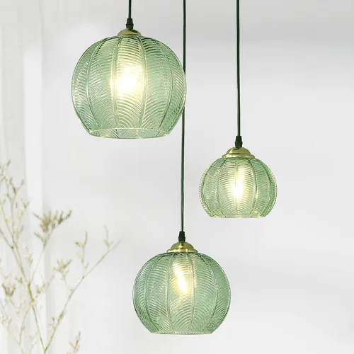 Miniatura 12 de Lámpara Colgante de Cristal Verde, Iluminación Colgante de Globo Grande Individual de 9.8 Pulgadas Nórdica Acanalada para Techo Colgante, Lámpara