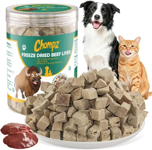 Chompz Golosinas de hígado de res liofilizadas para perros y gatos, golosinas saludables para entrenamiento de mascotas o aderezo para alimentos, un