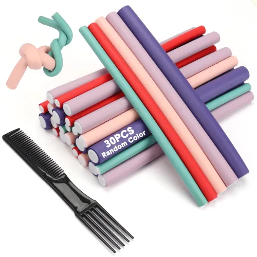 Rizadores de cabello flexibles para dormir, 30 varillas flexibles (9.45" y 5 tamaños 0.39"-0.78"), conjunto de rizado sin calor para cabello corto,