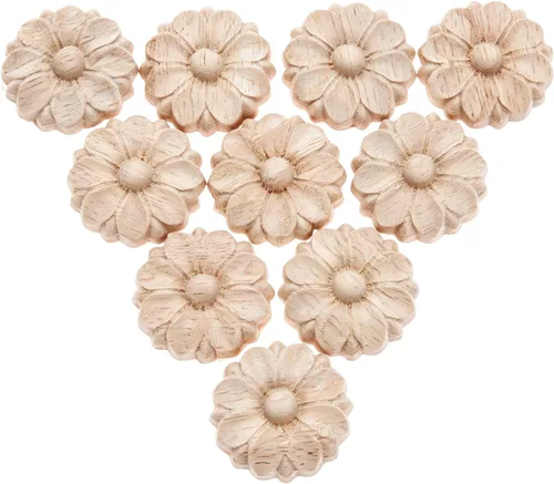 Miniatura 8 de MUXSAM Paquete de 10 rosetas de madera, apliques pequeños onlay, sin pintar, calcomanías redondas de tallado de flores para el hogar, armarios