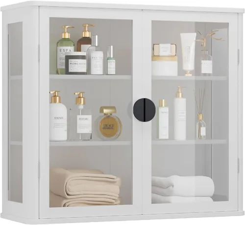 Miniatura 9 de NEWOWNDS Gabinete de Almacenamiento de Pared con Vitrina de Vidrio Templado Negro, Gabinete de Pared para Baño, Gabinete Montado en la Pared