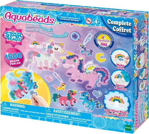 Aquabeads Mystic Unicorn - Juego completo de cuentas para artes y manualidades para niños, más de 1,500 cuentas, tres llaveros y soporte de