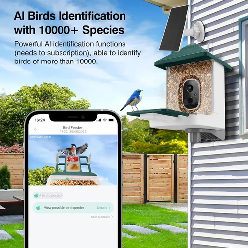 Miniatura 6 de Alimentador inteligente para pájaros con cámara, identificación de especies por IA, casa para pájaros con energía solar, alertas de llegada