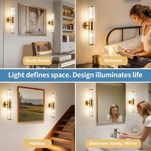 Miniatura 2 de Moderna lámpara de tocador de latón cepillado, aplique de pared con doble varilla de vidrio para baño, base de candelabro E12, iluminación de Latón