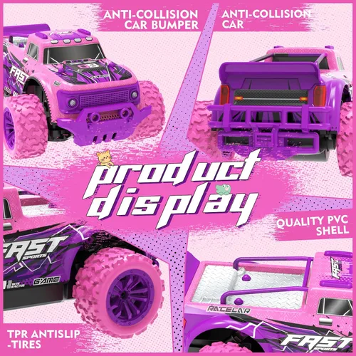 Miniatura 4 de Coche de Control Remoto para Niñas: Camión RC Rosa Púrpura a Escala 1:20 con Luz LED y Molinos de Viento DIY - Camiones RC Todo Terreno de 20 Km/h