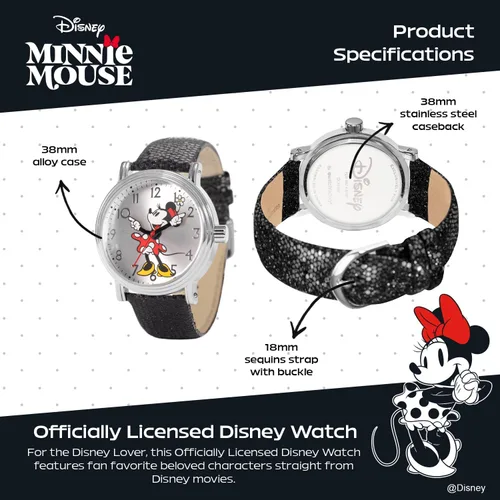 Miniatura 3 de Disney Minnie Mouse Reloj de cuarzo analógico para adultos, estilo vintage, con manos articuladas