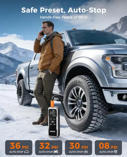 Miniatura 5 de JUSUOX Inflador de neumáticos, compresor de aire portátil, bomba de aire inalámbrica para neumáticos de automóvil de 150 PSI con batería y 12 V CC