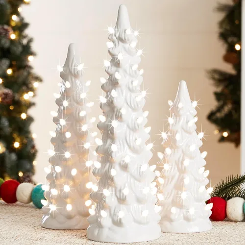 Best Choice Products Juego de 3 árboles de Navidad de cerámica, decoración navideña de mesa pintada a mano con bombillas blancas cálidas, luces LED,