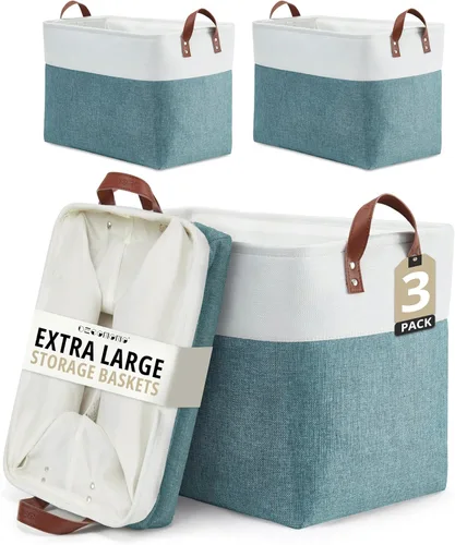 Miniatura 12 de DECOMOMO Cestas de almacenamiento extra grandes, contenedores de almacenamiento de tela con asas para organizar estantes, juguetes, guardería, Beige