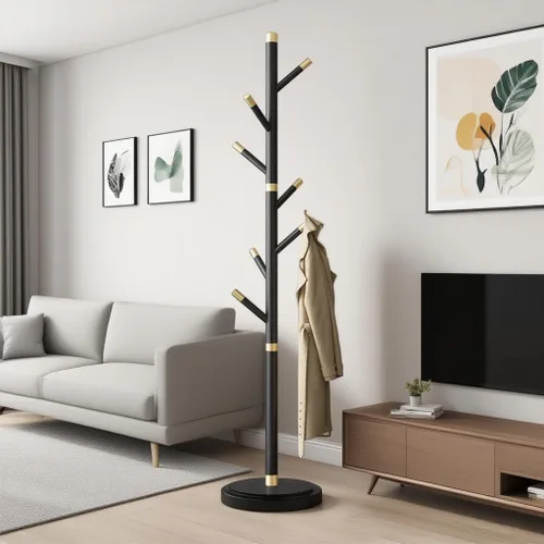 Miniatura 6 de Perchero de metal con base pesada, percheros de poste grueso resistente con 7 ganchos de ABS, perchero moderno y estable para chaquetas, ropa