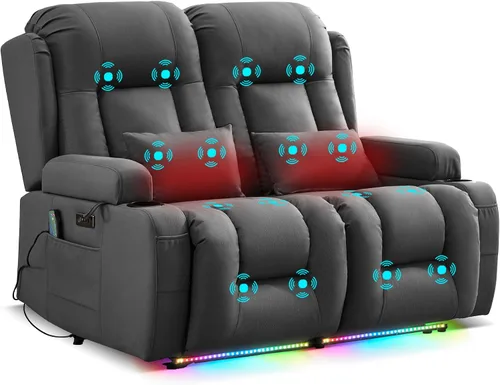 Miniatura 22 de URRED Sofá reclinable eléctrico con masaje y calor, sofá biplaza reclinable de pared con consola, sofá de casa rodante, asiento de cine en casa