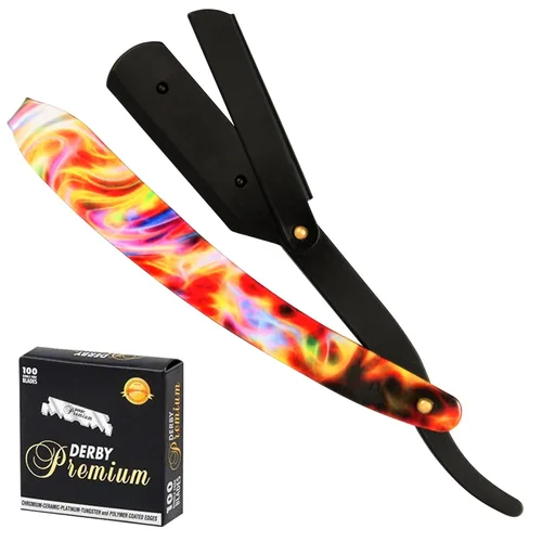 Maquinilla de afeitar profesional de borde recto para hombres con 100 cuchillas Derby reemplazables para barbero de una sola hoja (negro/multicolor)