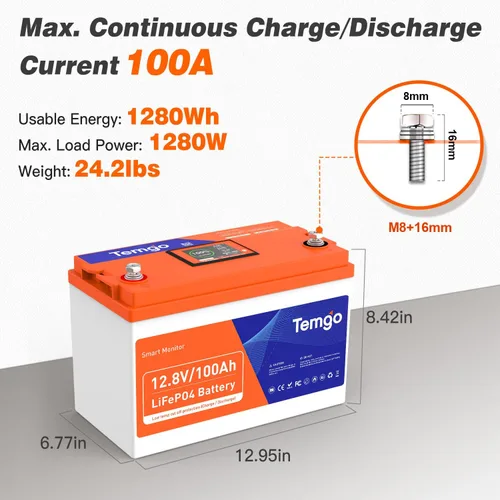 Miniatura 2 de TEMGO Batería de litio LiFePO4 de 12 V/100 Ah con corte de baja temperatura, pantalla inteligente táctil y monitoreo por APP, BMS de 100 A