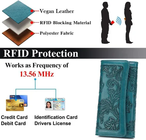 Miniatura 55 de MEITRUE Cartera de cuero para mujer, con bloqueo RFID, triple pliegue, con relieve, soporte para tarjetas, organizador de chequera para teléfono