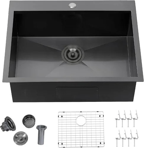 Miniatura 16 de Fregadero de Barra Negro Empotrable de 15x15 Pulgadas - Fregadero de Cocina Cuadrado Pequeño de Acero Inoxidable de Montaje Superior para Estación