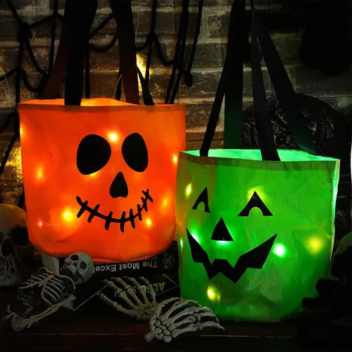 Miniatura 2 de Yaomiao 4 cubos de Halloween para niños con luz LED para dulces de calabaza, cestas de regalo reutilizables para suministros de fiesta (colorido)