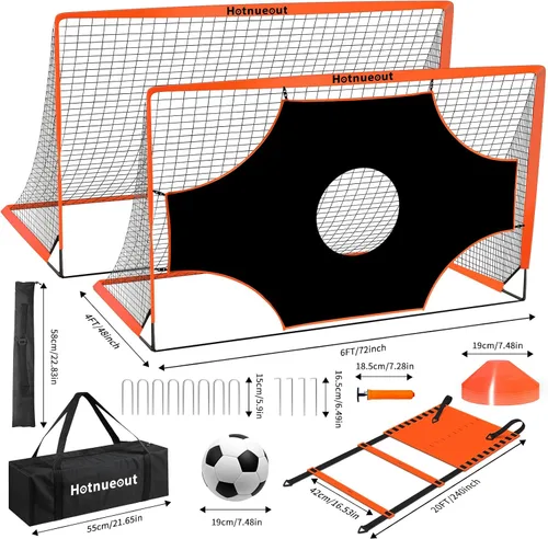 Miniatura 2 de Paquete de 2 porterías de fútbol portátiles de 6 x 4 pies para niños, juego de red de fútbol juvenil desplegable con pelota, conos y escalera