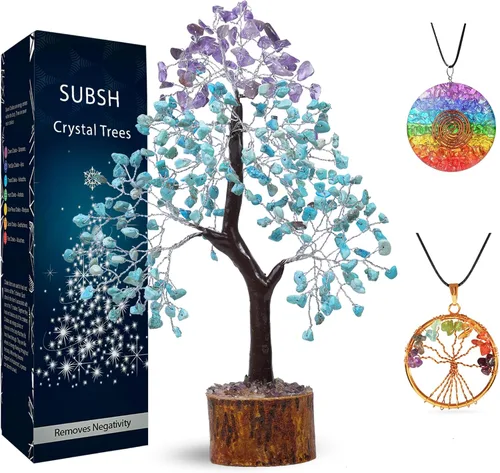 Miniatura 10 de Árbol de la vida de cristal amatista de 10-12 pulgadas con 2 colgantes de chakra – Bonsái de cristal sanador, árbol del dinero para energía