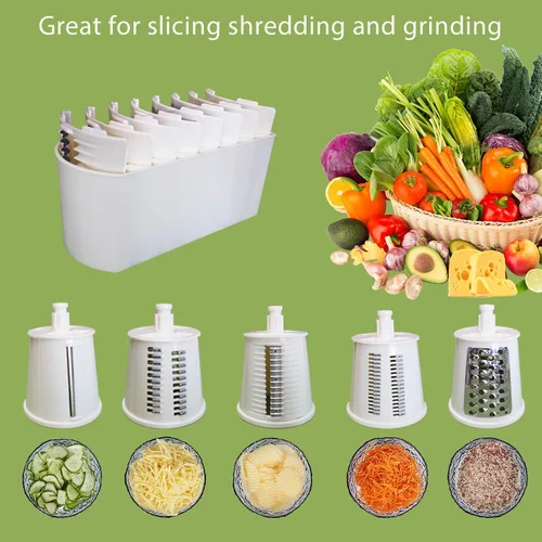 Miniatura 3 de Rallador de queso giratorio 5 en 1, cortador de verduras, picador de mandolina de tambor para cocina, fácil de limpiar con recipiente de Blanco