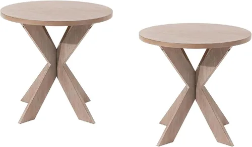 Miniatura 17 de COZAYH Mesa auxiliar redonda de granja con base de pedestal entrecruzada, mesa auxiliar con acabado envejecido, mesa decorativa rústica para sala