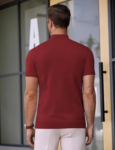 Miniatura 2 de COOFANDY Suéter de cuello alto falso para hombre, de manga corta, color sólido, básico, ajustado, de punto