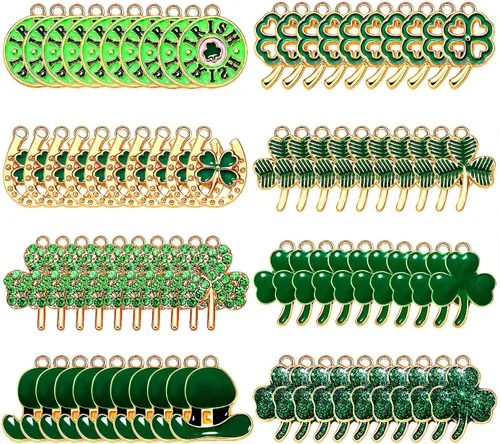 40/80 dijes de trébol del día de San Patricio para hacer joyas, diamantes de imitación esmaltados con sombrero verde y hojas colgantes para