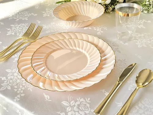 Miniatura 9 de Ocassions - Vajilla de 50-150-200 piezas para 25 invitados, color dorado, E1. Blossom Blush/Rosa & Oro