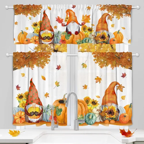 pinata Juego de 3 cortinas de otoño para cocina, cenefa de cortinas de ventana de Acción de Gracias, cortina escalonada con bolsillo para barra