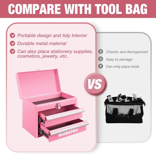 Miniatura 5 de WORKPRO Mini caja de herramientas portátil, caja de herramientas de metal con 2 cajones con deslizadores de rodamientos de bolas, almacenamiento Rosa
