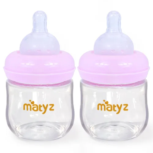 Matyz Paquete de 2 biberones de vidrio para lactancia materna con tapas (rosa, 4 onzas), biberones de cuello ancho para lactancia materna, biberones