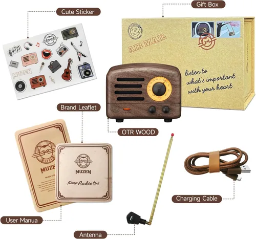 Miniatura 7 de Muzen Altavoz Bluetooth portátil, OTR Madera Vintage Pequeño Altavoz Inalámbrico, Radio FM con Antena AUX, 10h+ Tiempo de reproducción largo, Audio