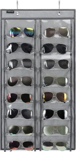Organizador de lentes de sol para colgar sobre la puerta, con 16 bolsillos transparentes a prueba de polvo (16 bolsillos, gris)