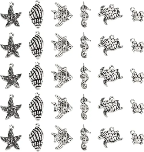 Miniatura 11 de PH PandaHall 180 dijes de concha de pez, 9 estilos de dijes de océano con 50 anillos de salto, colgante de estrella de mar, conchas marinas, peces 9