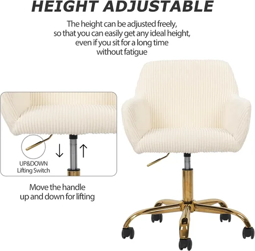 Miniatura 3 de KCC Silla de Tocador de Maquillaje de Tela de Pana, Sillón Giratorio Esponjoso Moderno con Ruedas, Tapizada Mullida de Altura Ajustable para Niñas