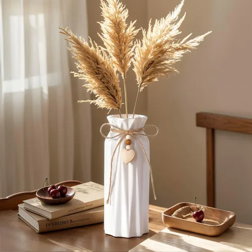 Miniatura 8 de Elegante jarrón de cerámica de 8 pulgadas con patrón geométrico, jarrón decorativo con cuerda de yute y dije de corazón para decoración del hogar