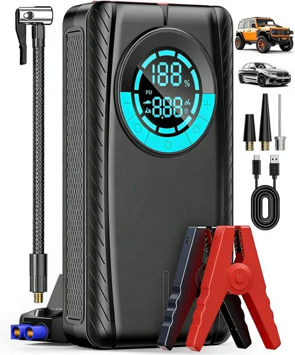 Arrancador con compresor de aire, arrancador de batería de coche (8.0 gas/7.0L diesel), caja de arranque de batería portátil, arrancador de batería