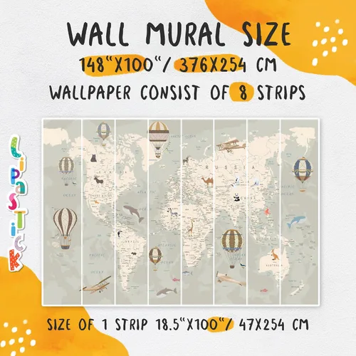 Miniatura 3 de Papel tapiz de mapa del mundo para niños con animales, calcomanías educativas para despegar y pegar, murales de guardería para bebés, niños