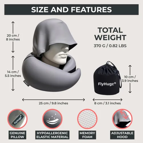 Miniatura 3 de FlyHugz® Almohada de viaje con capucha 2.0 – Versión original 2026 – Almohada de cuello de espuma viscoelástica con capucha ajustable y funda Gris