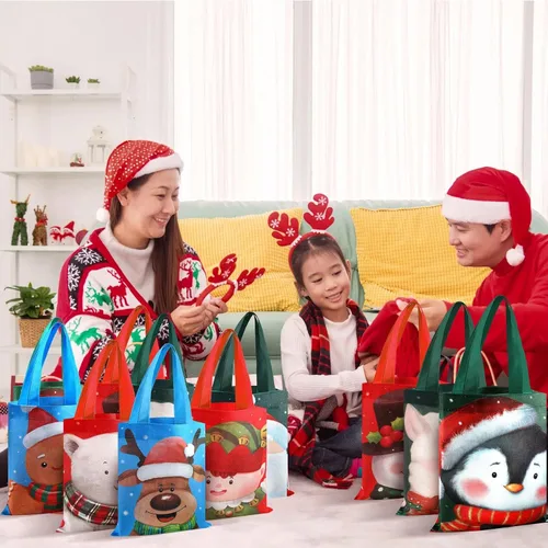 Miniatura 6 de Photect 32 Bolsas de Regalo de Navidad a Granel Reutilizables Bolsa de Golosinas de Animales Navideños con Asa Bolsas de Mano No Tejidas Muñeco