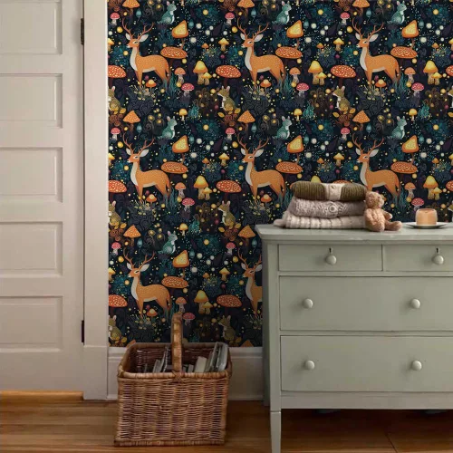 Miniatura 3 de Papel tapiz autoadhesivo de 18 x 236 pulgadas, diseño de hadas, animales, bosque, ciervo, ratón, hongos, hongos, papel de contacto extraíble, papel