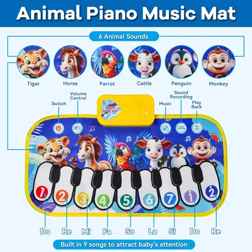 Miniatura 3 de Tapete de piano de suelo para niños pequeños, alfombrillas musicales con sonidos y canciones de animales, juguetes educativos sensoriales