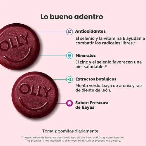 Miniatura 2 de OLLY Gomita de tez impecable, soporte para una piel clara y saludable, vitaminas E, A, zinc, suplemento masticable, sabor bayas, 50 piezas