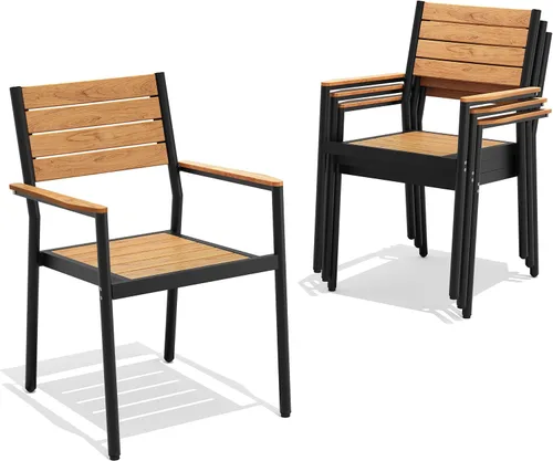 Miniatura 22 de Pellebant Juego de 2 sillas de comedor apilables para exteriores, sillas de patio de aluminio con brazos, para todo tipo de clima, para jardín, Negro