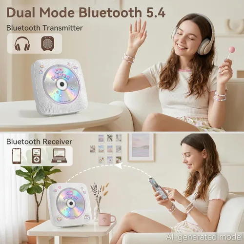 Miniatura 3 de Reproductor de CD portátil Bluetooth recargable: Reproductores de CD para el hogar con 1800mAh Kegaudio Reproductor de CD de escritorio de pared