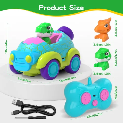 Miniatura 7 de Auto a control remoto para niños pequeños, juguetes de dinosaurio para edades de 2 a 4 años con luces y música, auto RC recargable, regalos