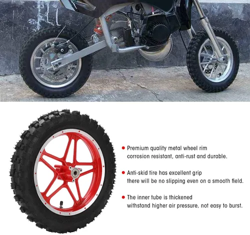 Miniatura 3 de Rueda trasera, neumático de goma Qiilu de 2.5 a 10 pulgadas, metal antideslizante + goma de repuesto para mini moto todoterreno de 47 cc, 49 cc, 2
