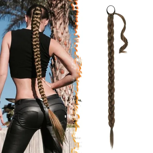 Miniatura 37 de Barsdar Extensión de 26 Pulgadas de Cola de Caballo Trenzada Larga con Banda Elástica - Extensiones de Cabello en Cola de Caballo Recta y Elegante