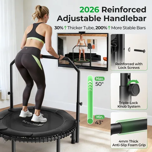 Miniatura 5 de BCAN BT2 - Mini trampolín de rebote de 450/550 libras para adultos con barra, trampolín de fitness con cuerdas elásticas, mango ajustable, estable