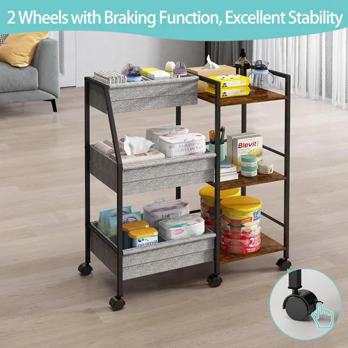 Miniatura 6 de Carrito organizador de pañales para bebé, carrito de ruedas rodantes de 3 niveles con separadores y estantes, carrito de utilidad de cabecera